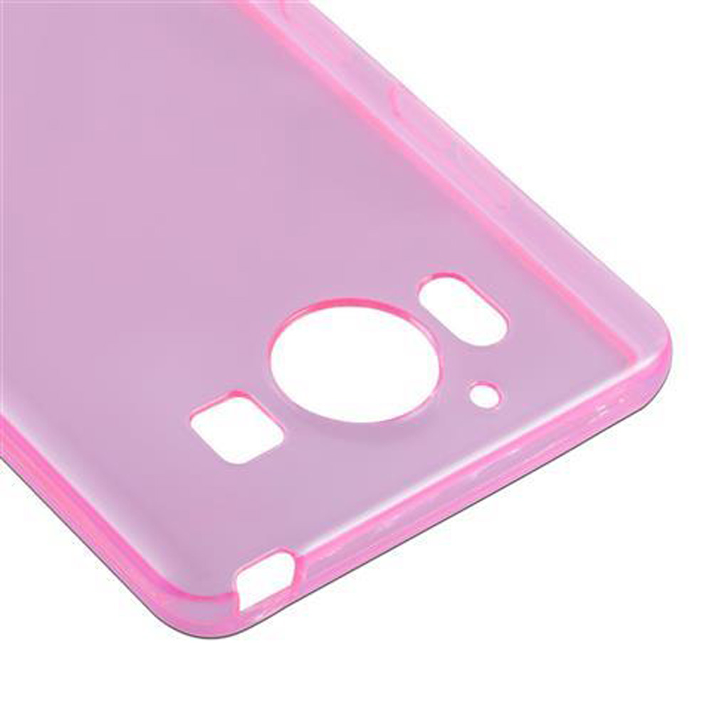 Una cover per telefono rosa traslucida con ritagli per fotocamera e pulsanti.