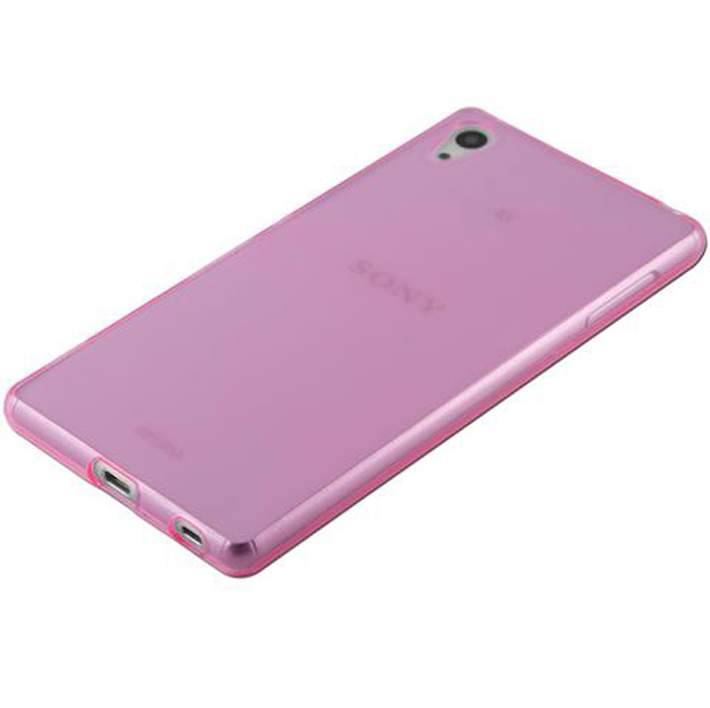 Retro di uno smartphone Sony trasparente e rosa con fotocamera e logo Sony.