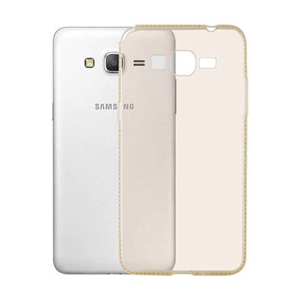 Un telefono Samsung bianco accanto a una custodia protettiva trasparente.