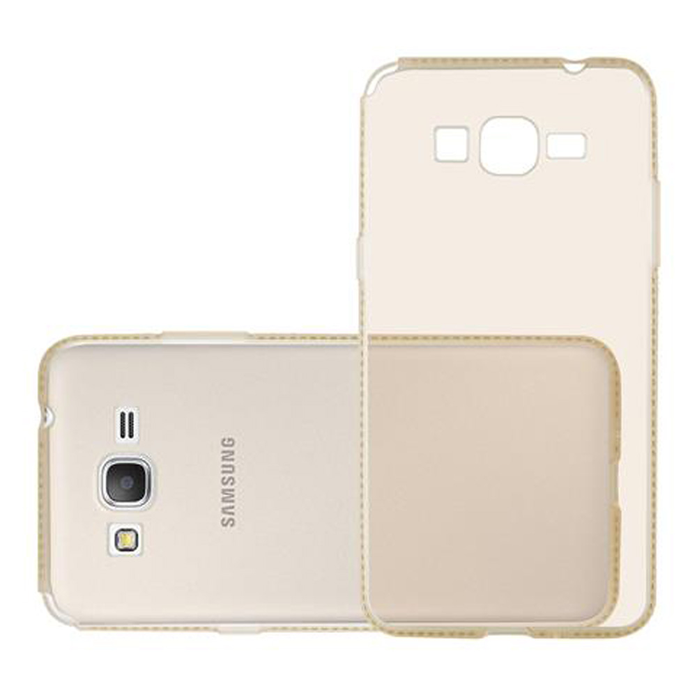 Un Samsung beige chiaro giace a sinistra, accanto alla sua custodia protettiva.