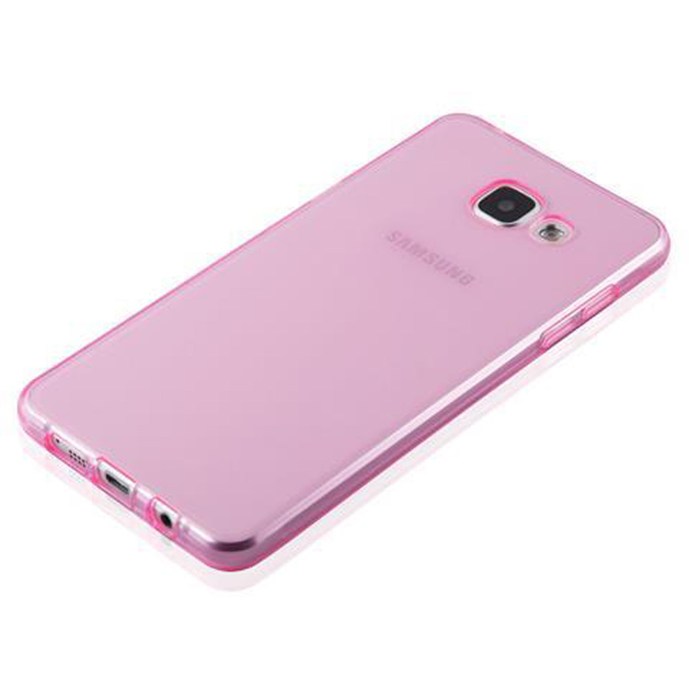 Uno smartphone Samsung rosa con custodia trasparente, mostrato dal retro.