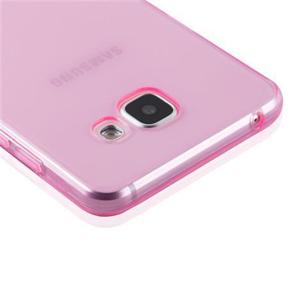 Primo piano di una cover trasparente rosa per telefono che mostra il modulo fotocamera.