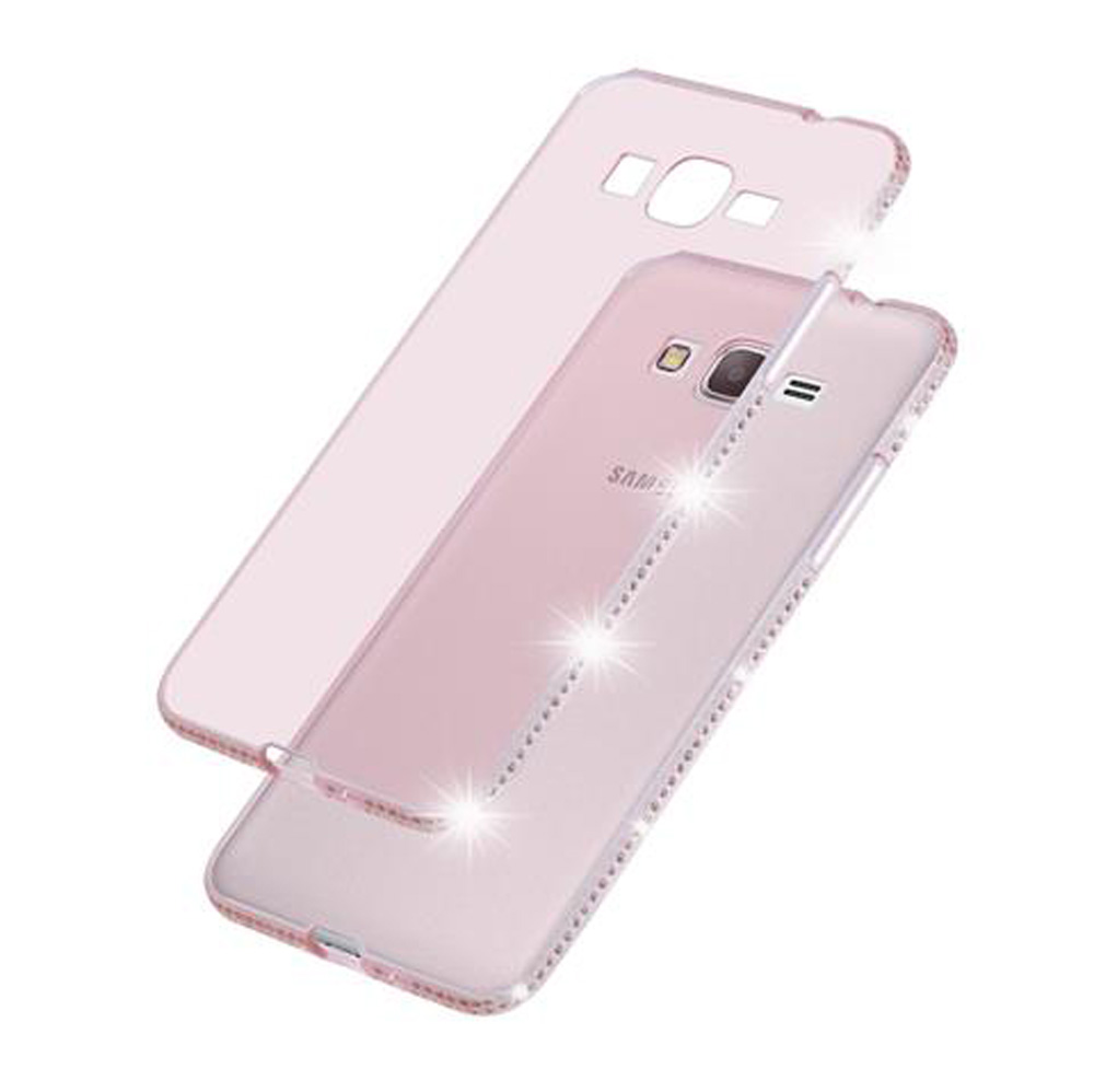 Due custodie trasparenti rosa per telefono con accenti glitterati.