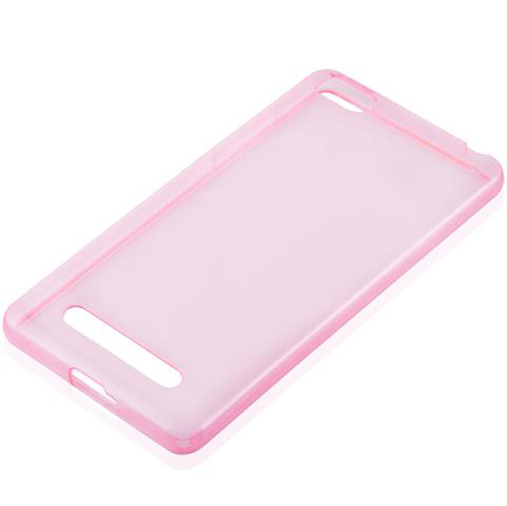 Una custodia per telefono rosa traslucida su sfondo bianco.