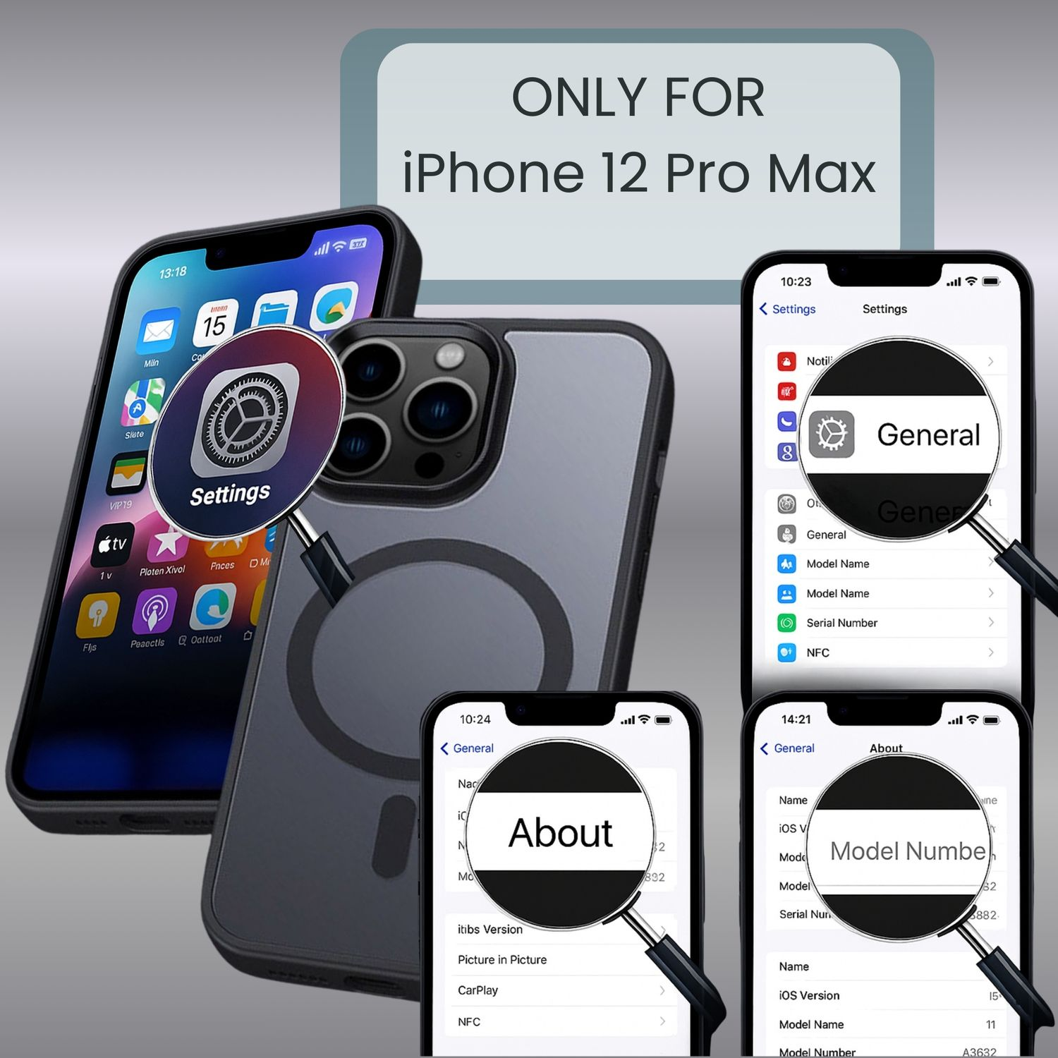 Tres iPhones enfocados en la app Ajustes. Uno muestra la pantalla de inicio, otros los menús 'General' y 'Acerca de'.