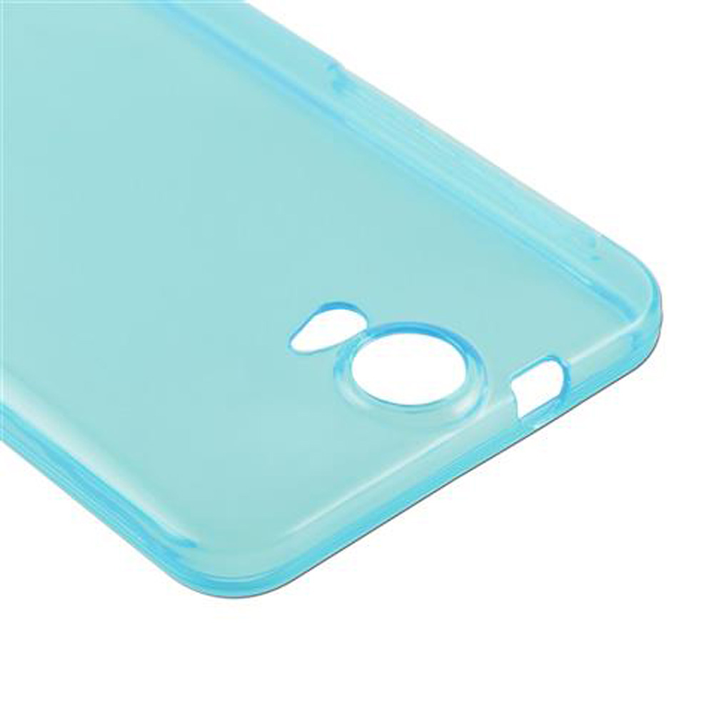 Custodia per telefono azzurro con ritagli per fotocamera e porte.