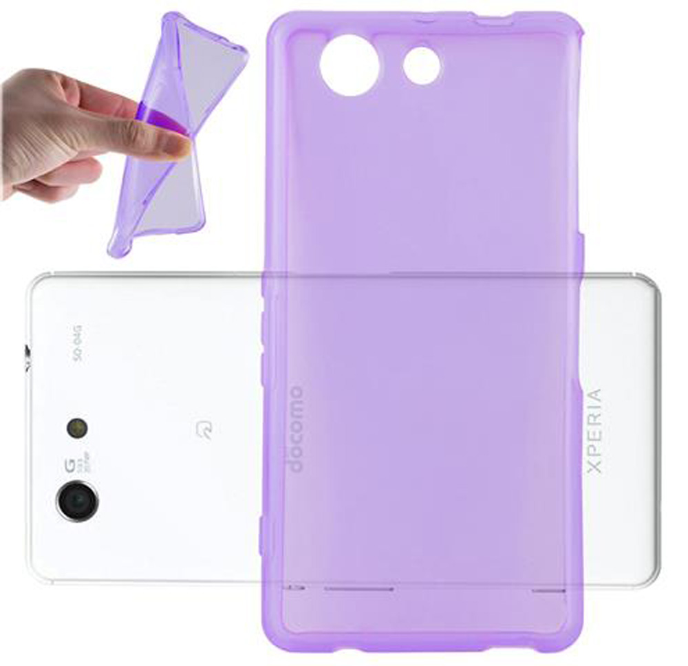 Una mano tiene una custodia viola traslucida sopra uno smartphone bianco.