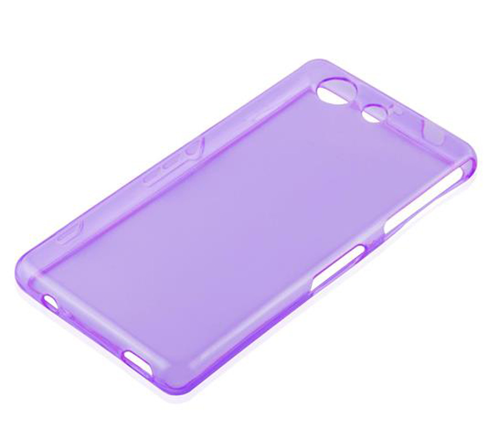 Custodia viola traslucida per telefono con ritagli per fotocamera e pulsanti.