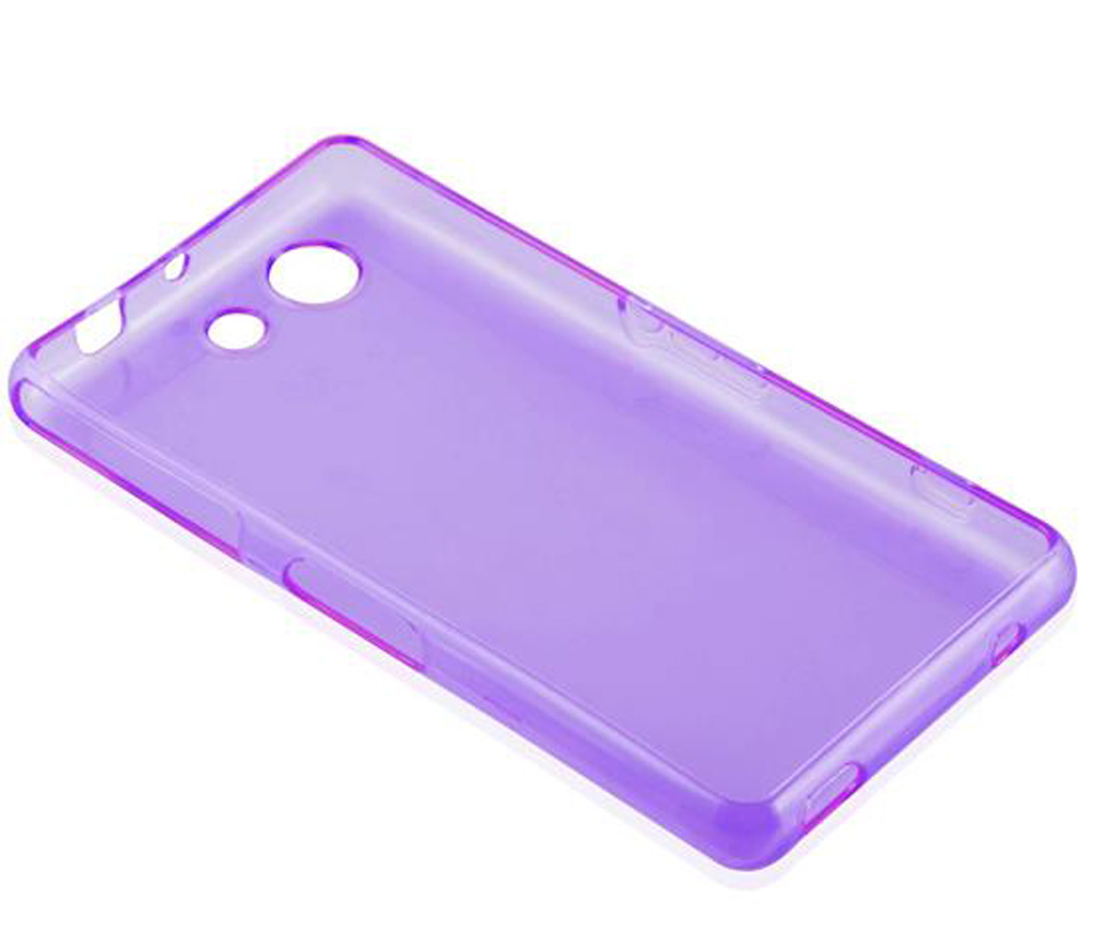 Custodia viola traslucida per telefono con ritagli per fotocamera e pulsanti.