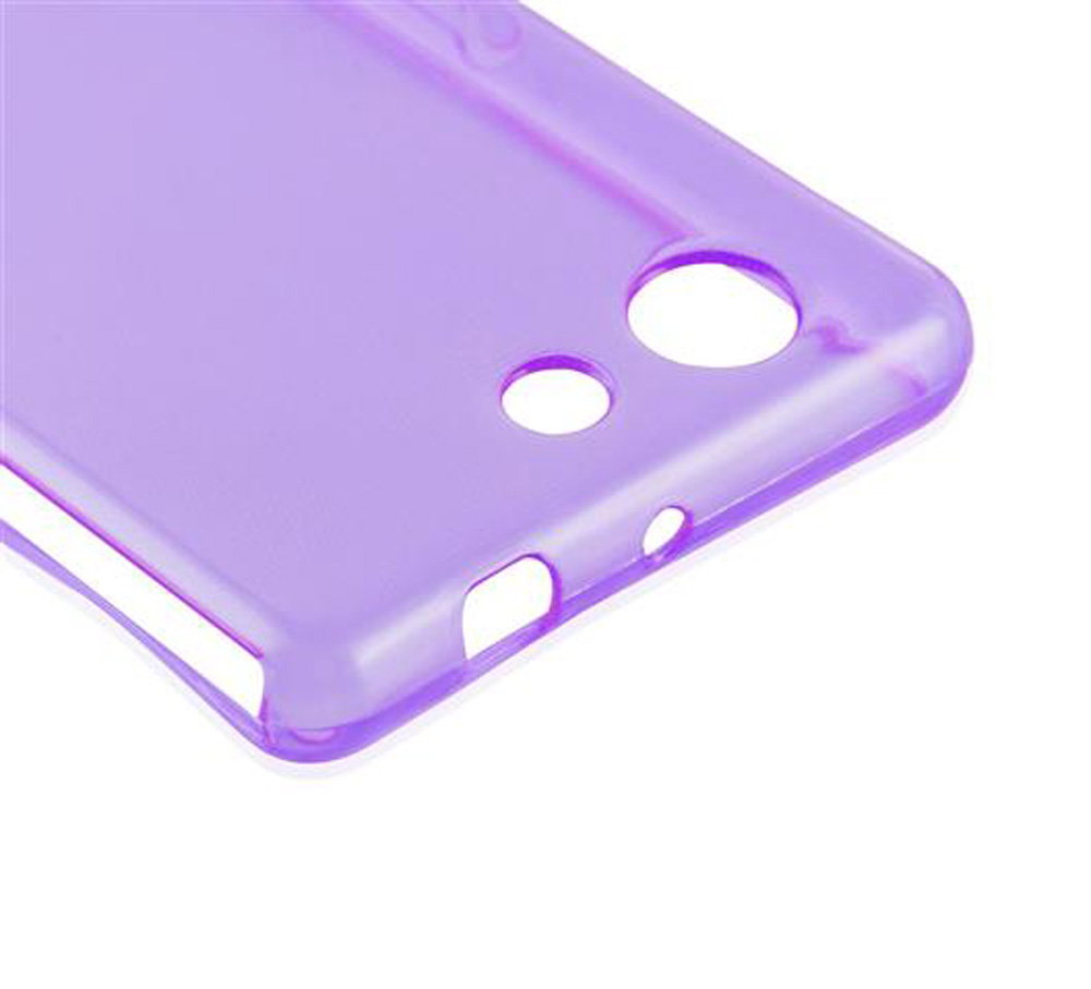 Una cover viola traslucida per telefono con ritagli.