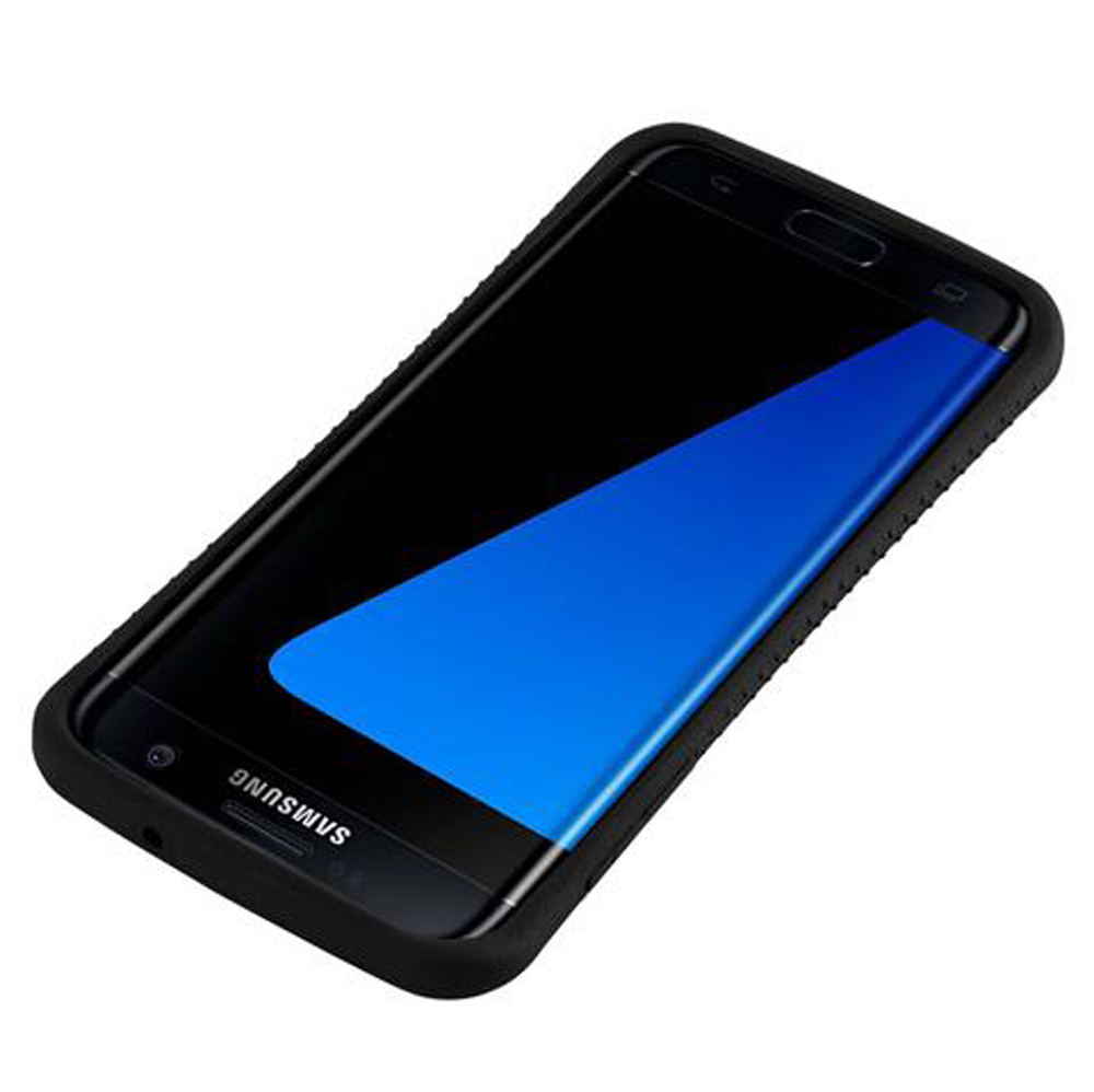 Telefono Samsung nero con striscia blu sullo schermo.