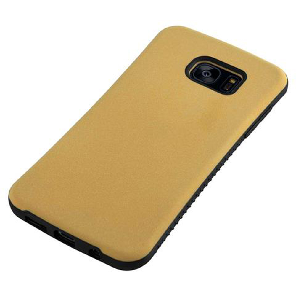 Una custodia gialla per telefono con ritaglio fotocamera e bordi neri su sfondo bianco.