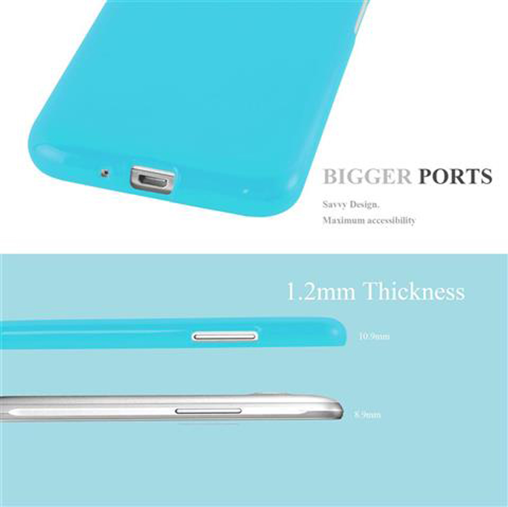 Ein türkisfarbenes Handycover mit größeren Anschlüssen und einer Dicke von 1,2 mm.