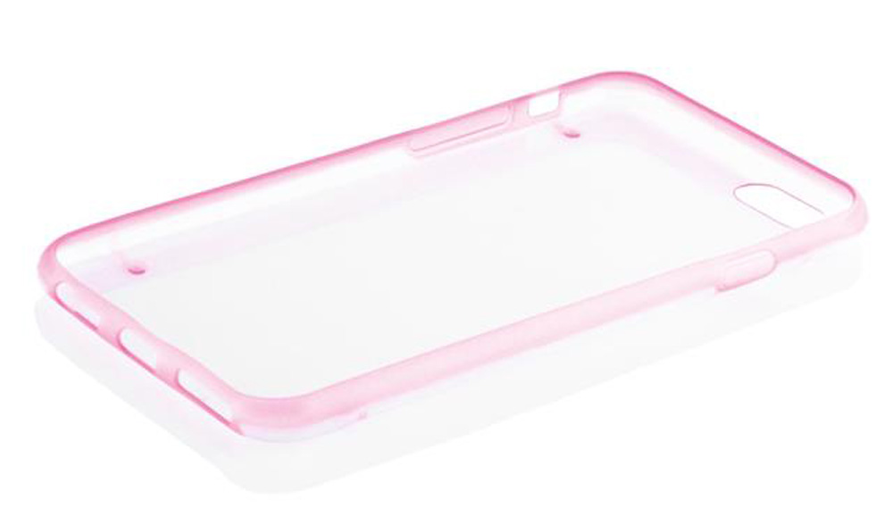 Una cover rosa traslucida per telefono su sfondo bianco.