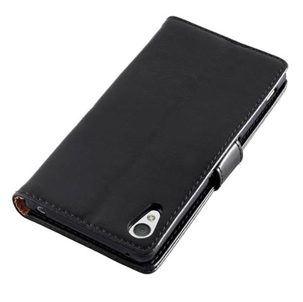 Custodia a libro in pelle nera per smartphone con ritaglio fotocamera.