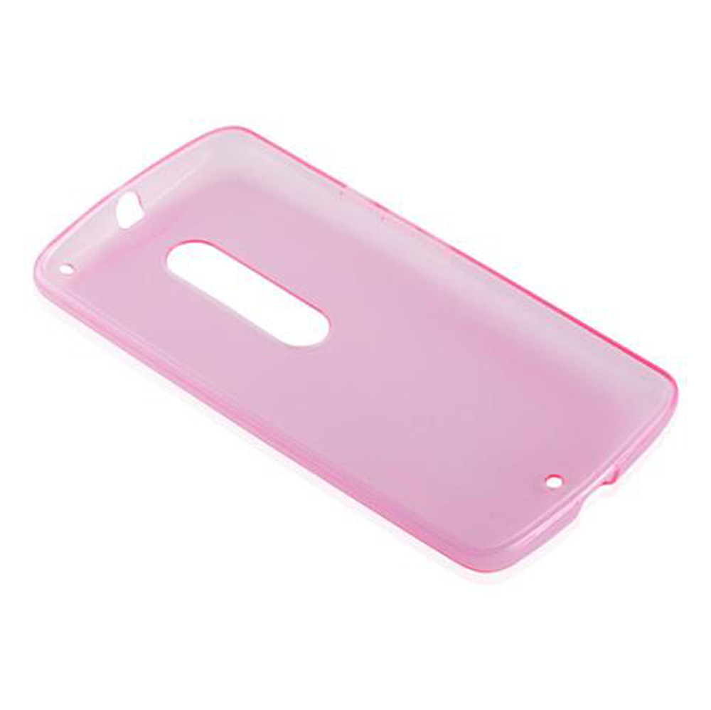 Una cover per telefono rosa traslucida con ritagli per fotocamera e pulsanti.