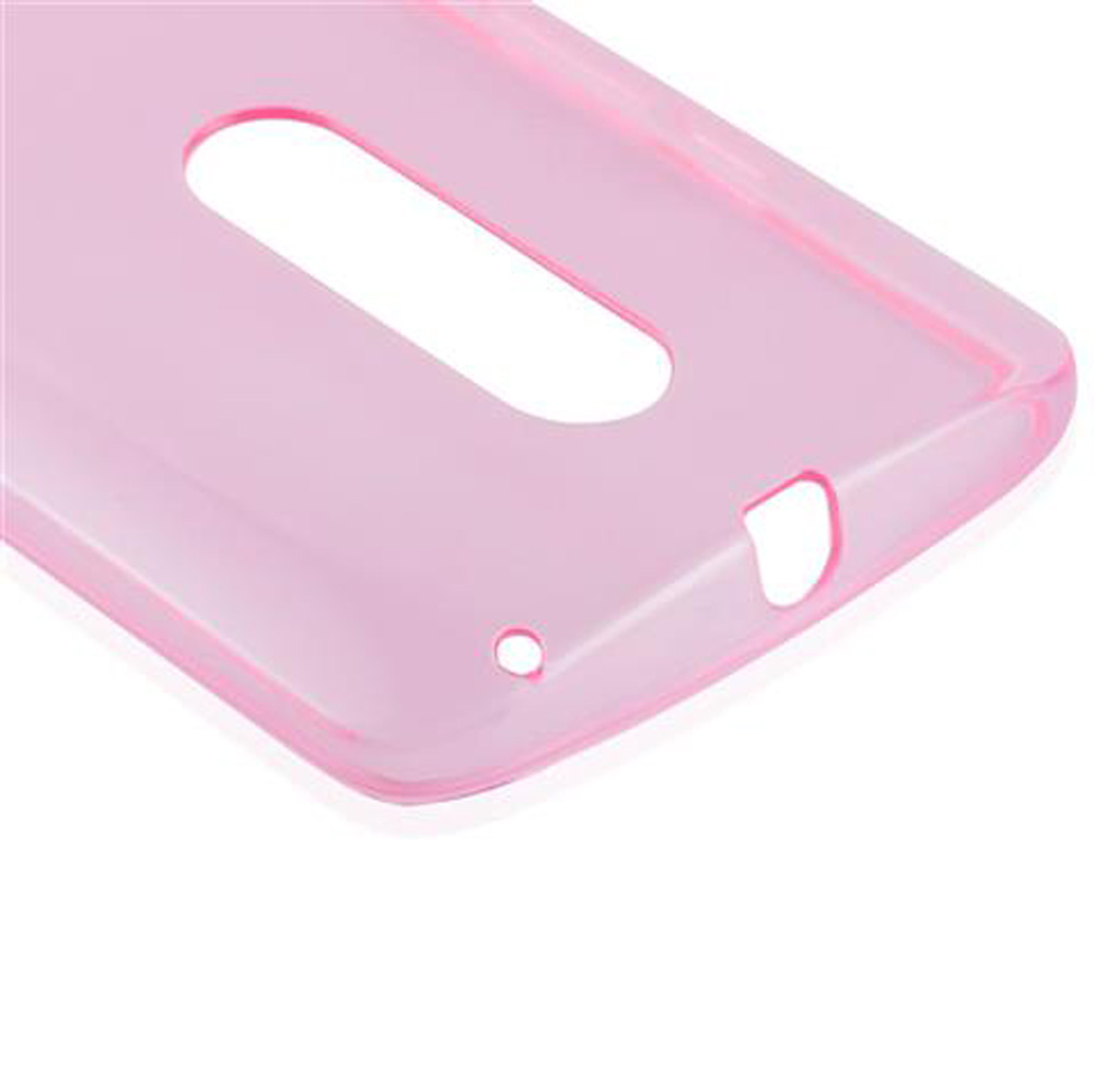 Una custodia rosa trasparente per telefono con ritagli per fotocamera e porte.