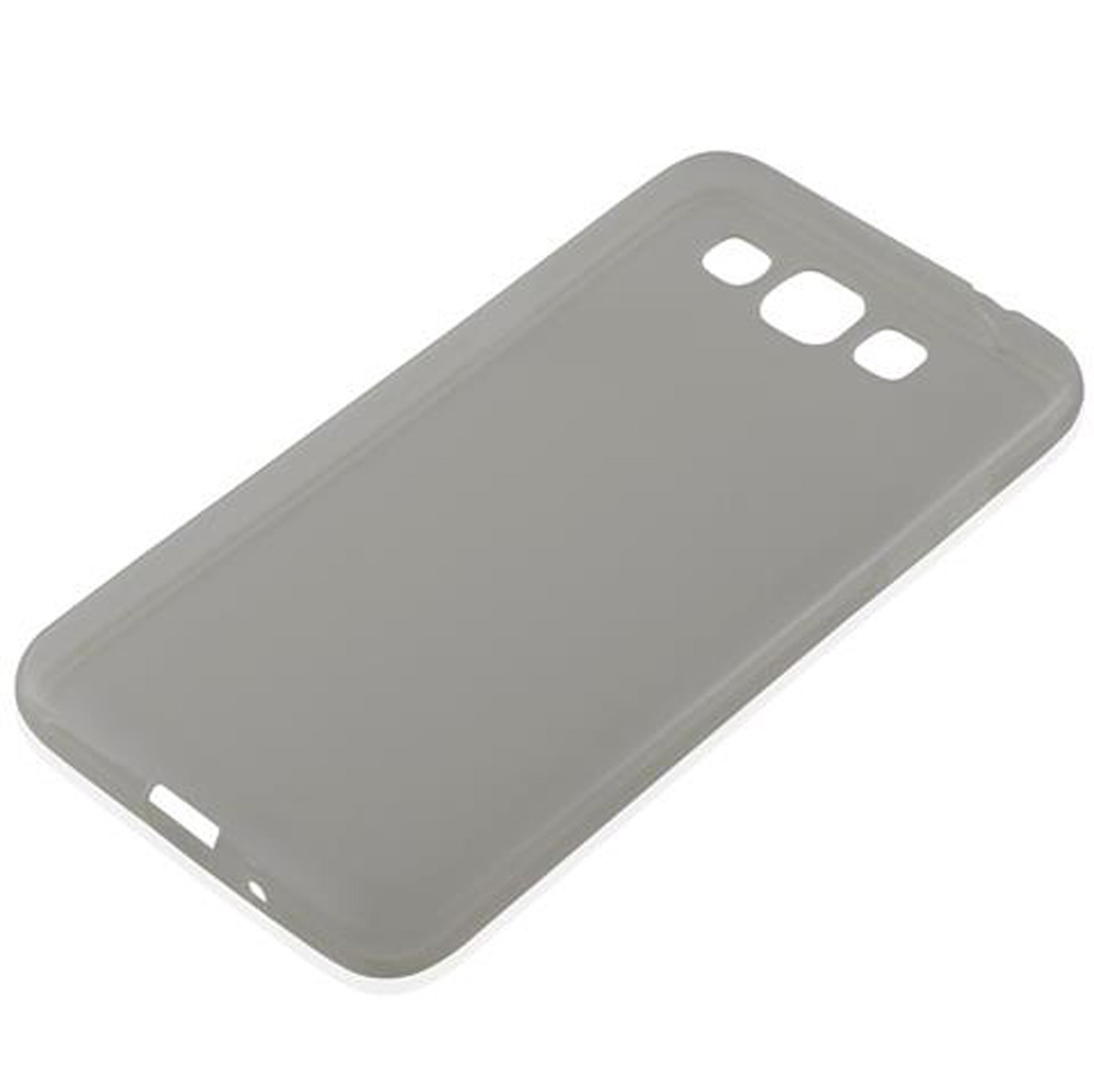 Custodia grigia per telefono con ritagli per fotocamera e porta di ricarica.