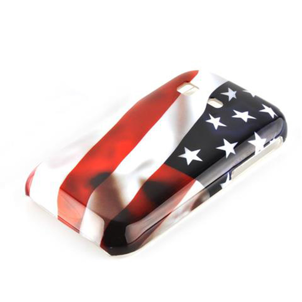 Una cover per telefono con design a bandiera USA, strisce rosse e bianche, campo blu con stelle bianche.