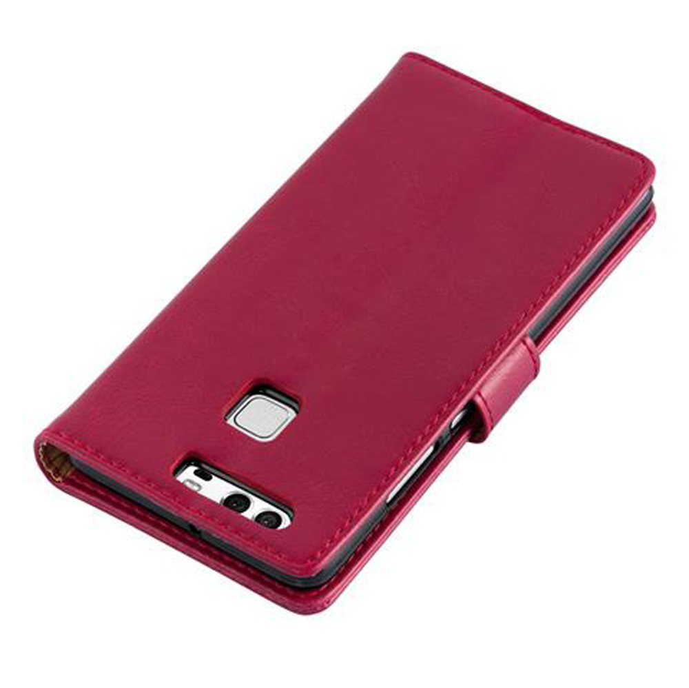 Eine rote Lederhülle mit Magnetverschluss. Mit Kameraaussparung und Fingerabdrucksensor.
