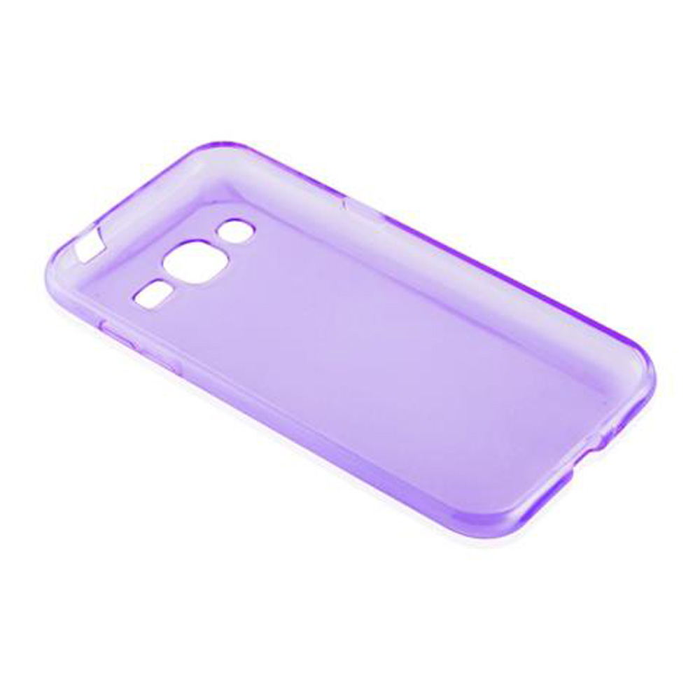 Transparente violette Handyhülle mit Ausschnitten für Kamera und Tasten.