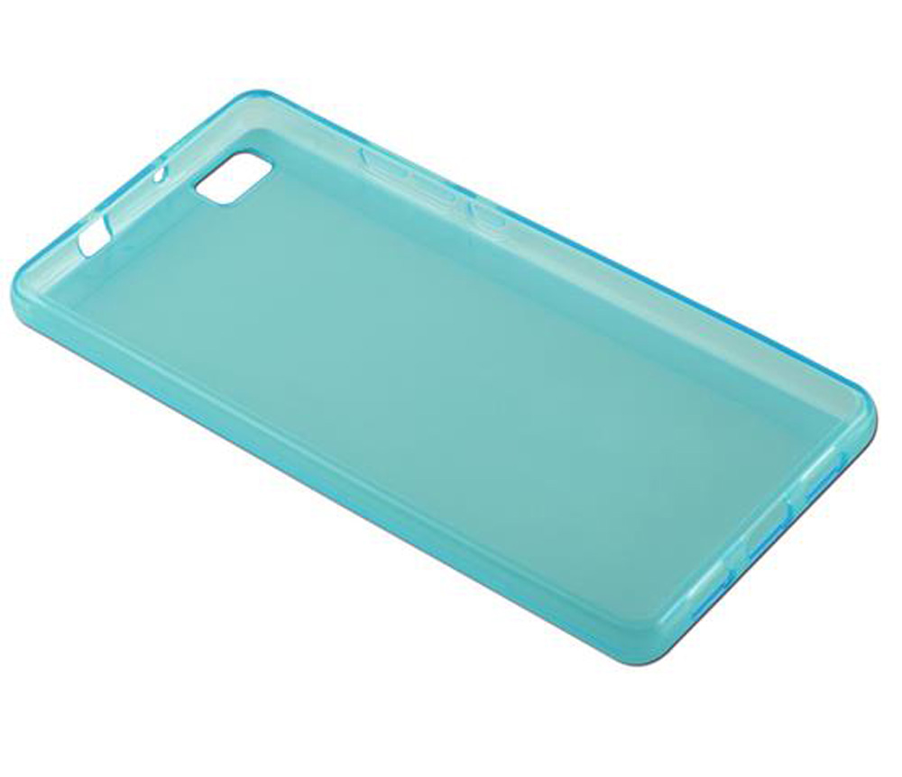 Una custodia per telefono in plastica turchese con ritagli per fotocamera e pulsanti.