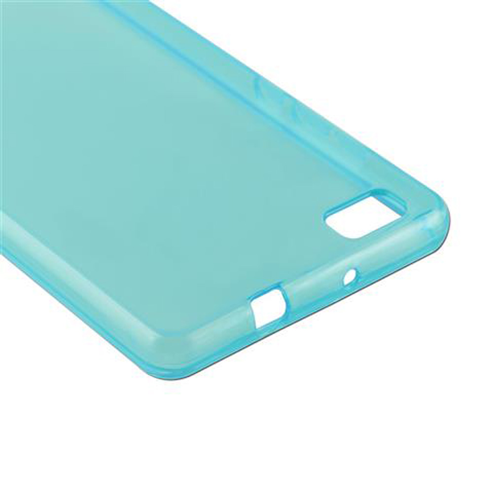 Custodia per telefono turchese con ritagli per fotocamera e porte.