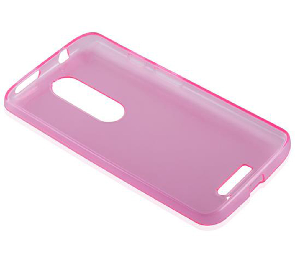 Una funda de teléfono rosa transparente con recortes.