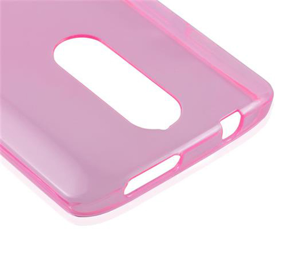 Una funda de teléfono rosa translúcida con recortes para cámara y puertos.