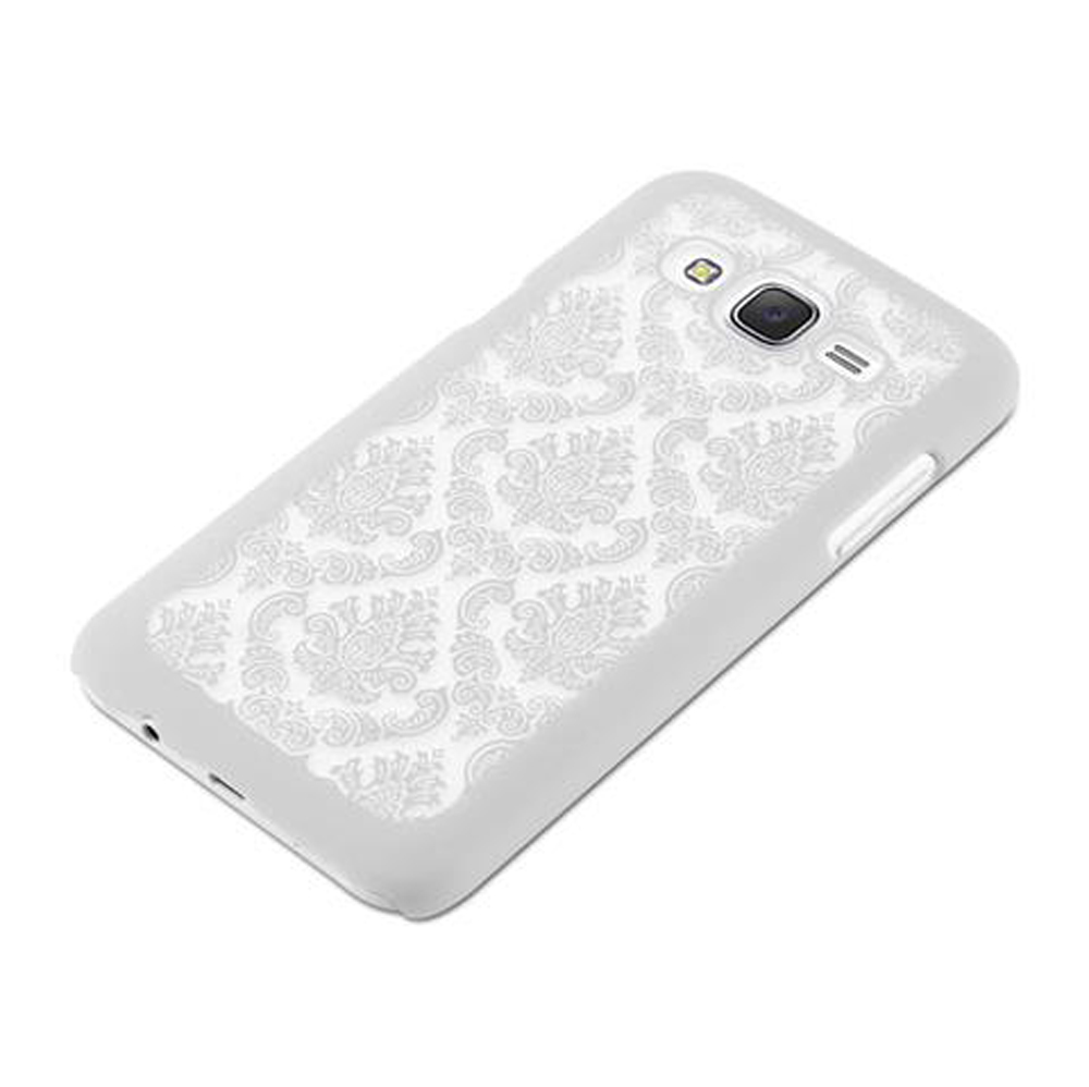 Una cover bianca per telefono con motivo cachemire, su sfondo bianco.