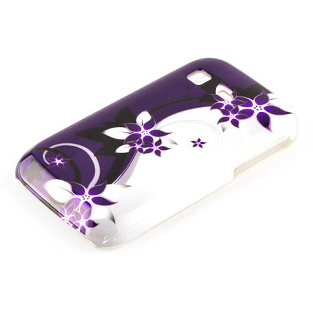 Custodia viola per telefono con motivi floreali bianchi e viola su sfondo bianco.