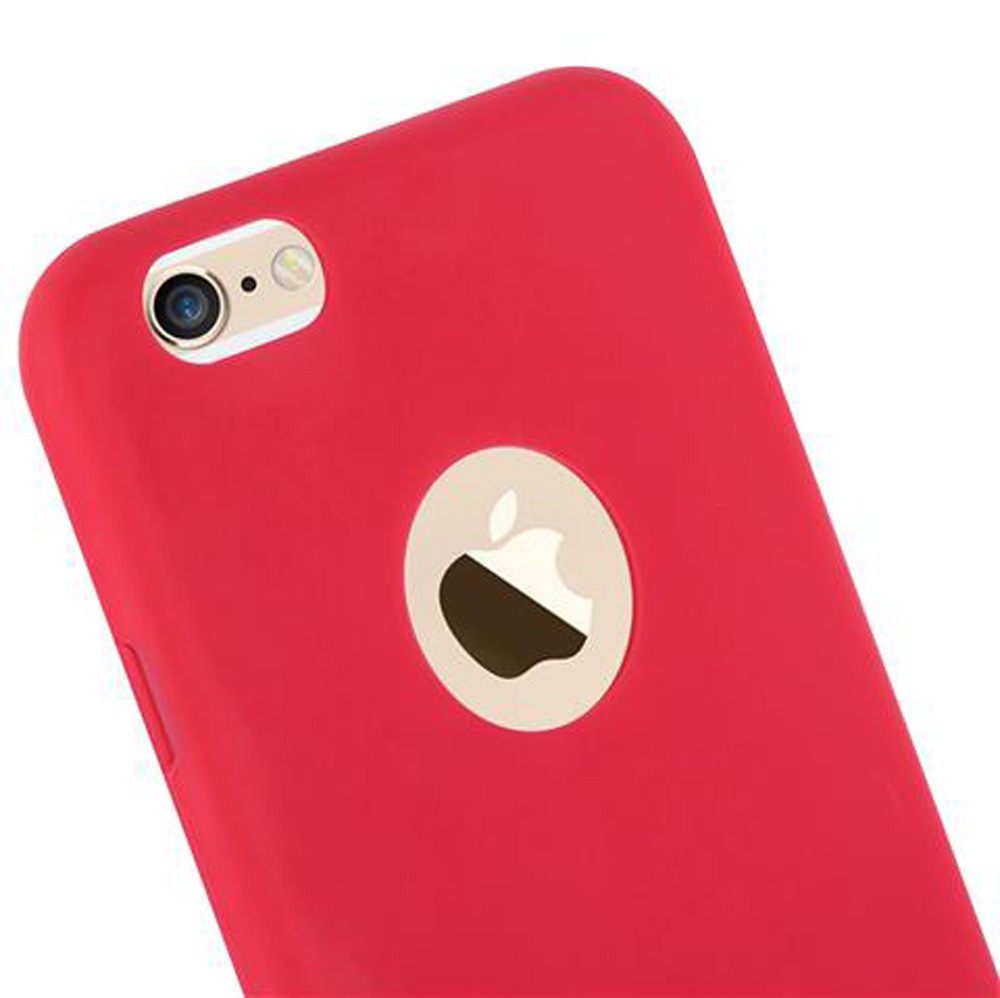 Rote iPhone-Rückseite mit Kamera und Apple-Logo.