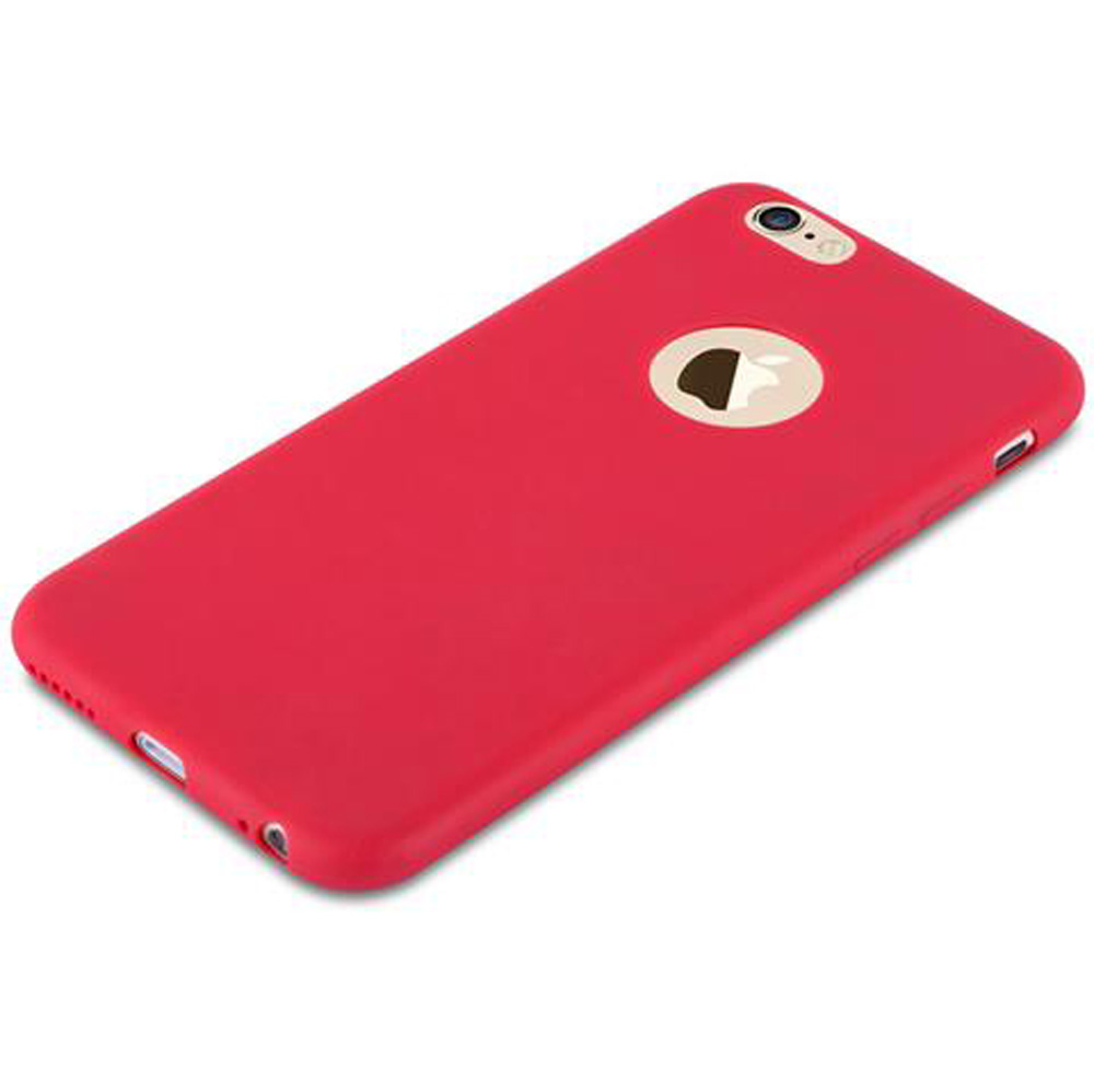 Rote iPhone-Hülle mit Apple-Logo auf weißem Hintergrund.