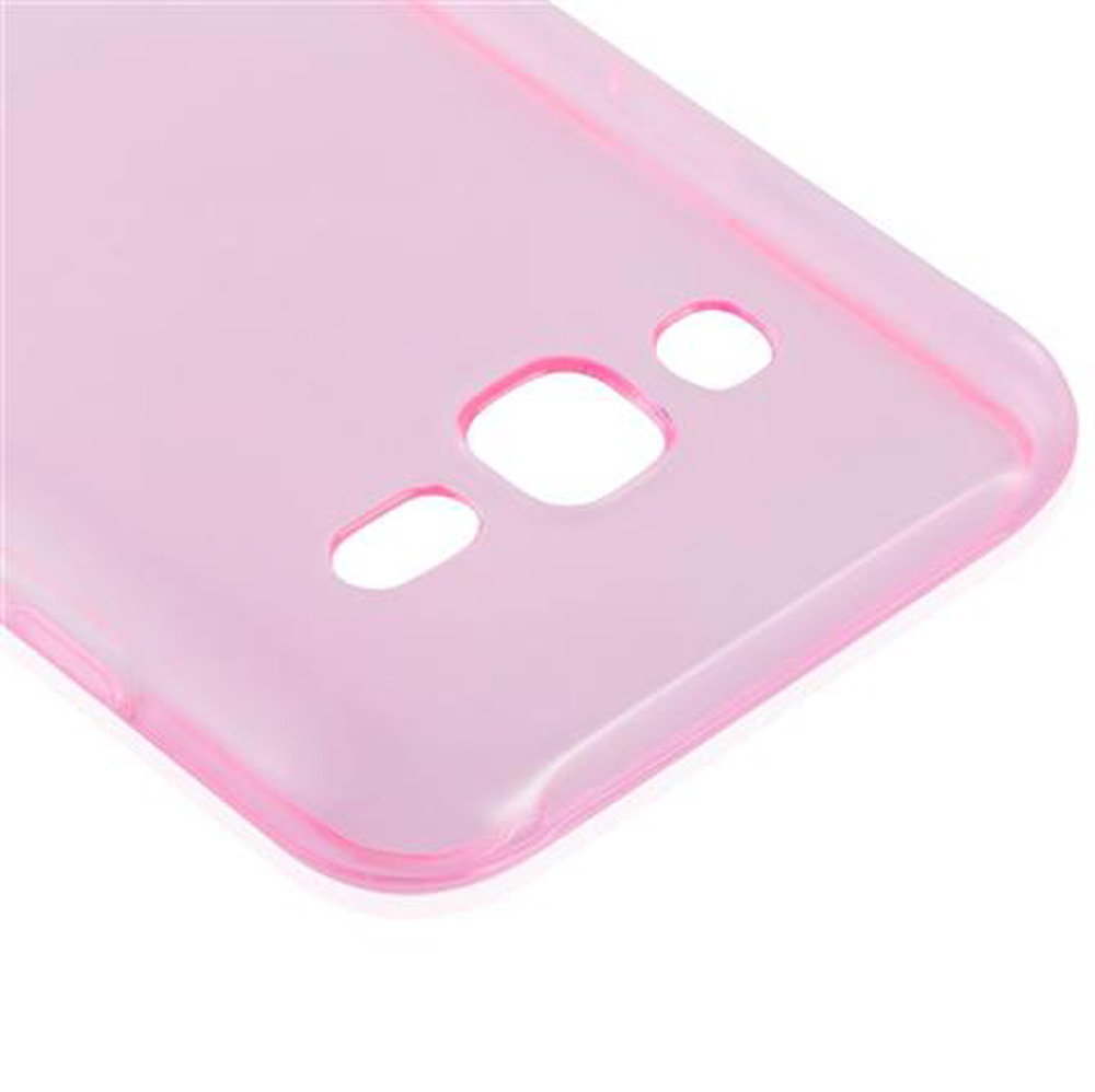 Una cover per telefono rosa traslucida con ritagli per fotocamera e flash.
