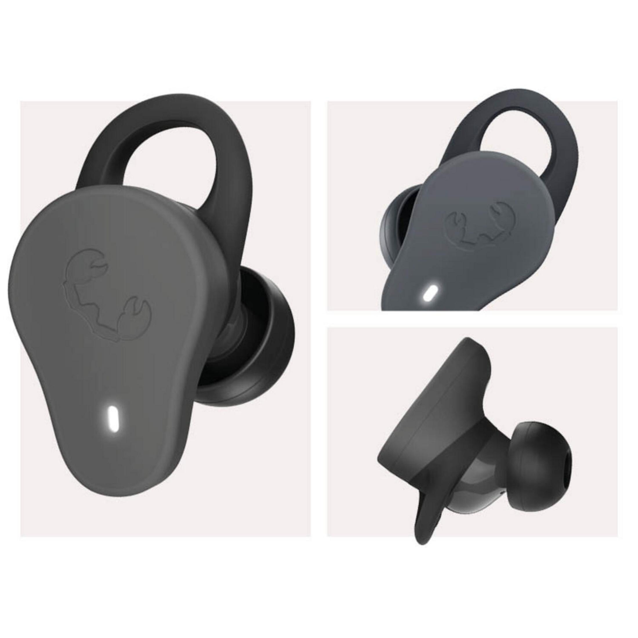 Tre viste di un auricolare wireless scuro con un logo di granchio stilizzato e una piccola luce.
