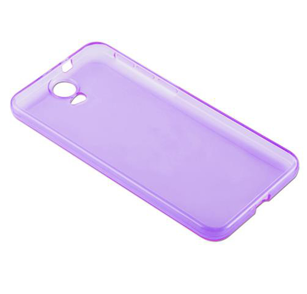 Custodia viola traslucida per telefono con ritagli per fotocamera e pulsanti.