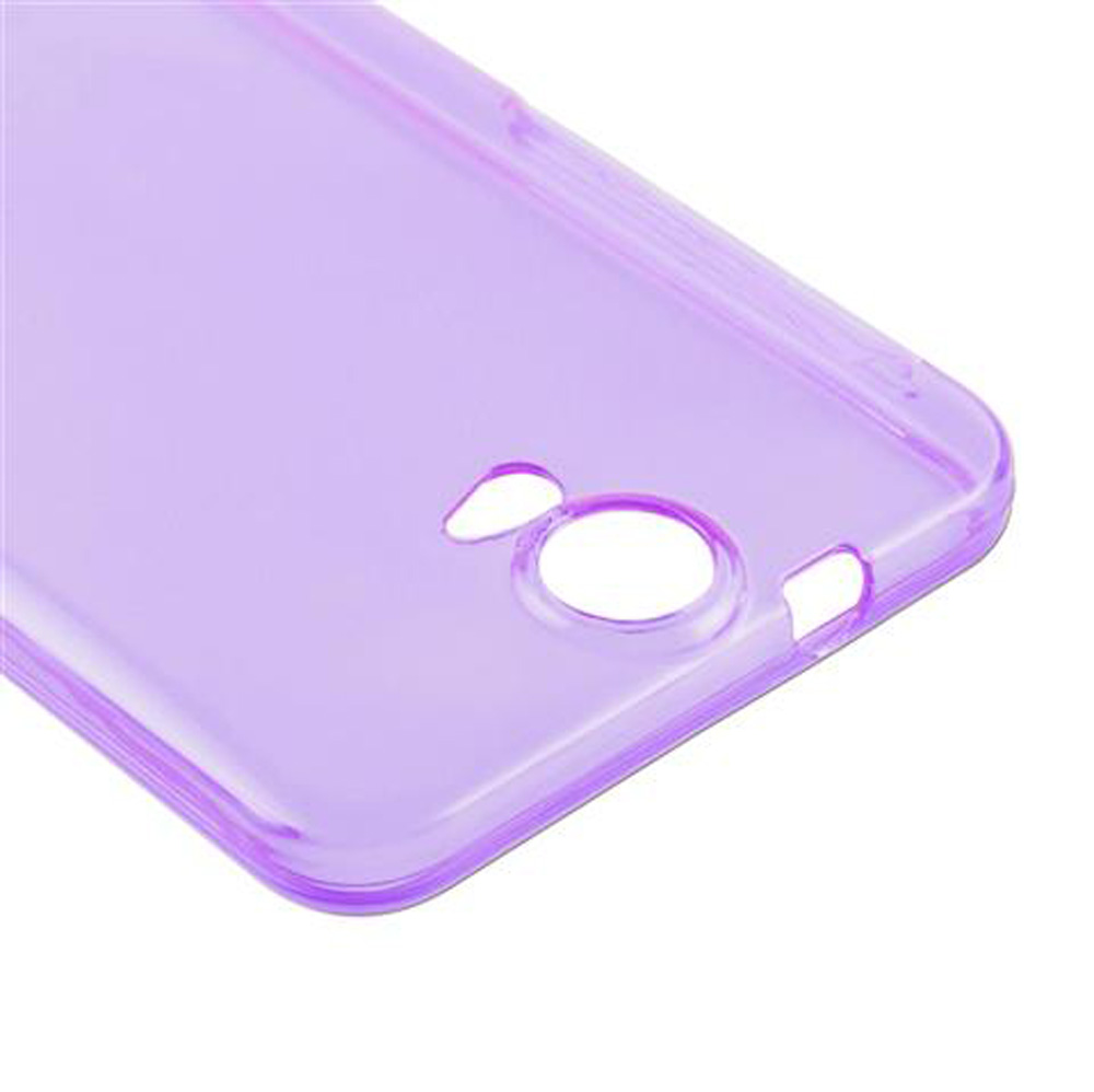 Una cover viola traslucida per telefono con ritagli per fotocamera e flash.
