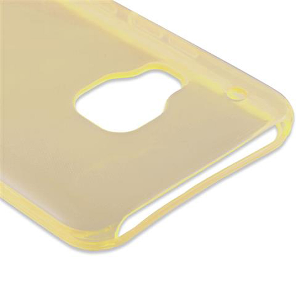Eine transparente gelbe Handyhülle mit Ausschnitten für Kamera und Tasten.
