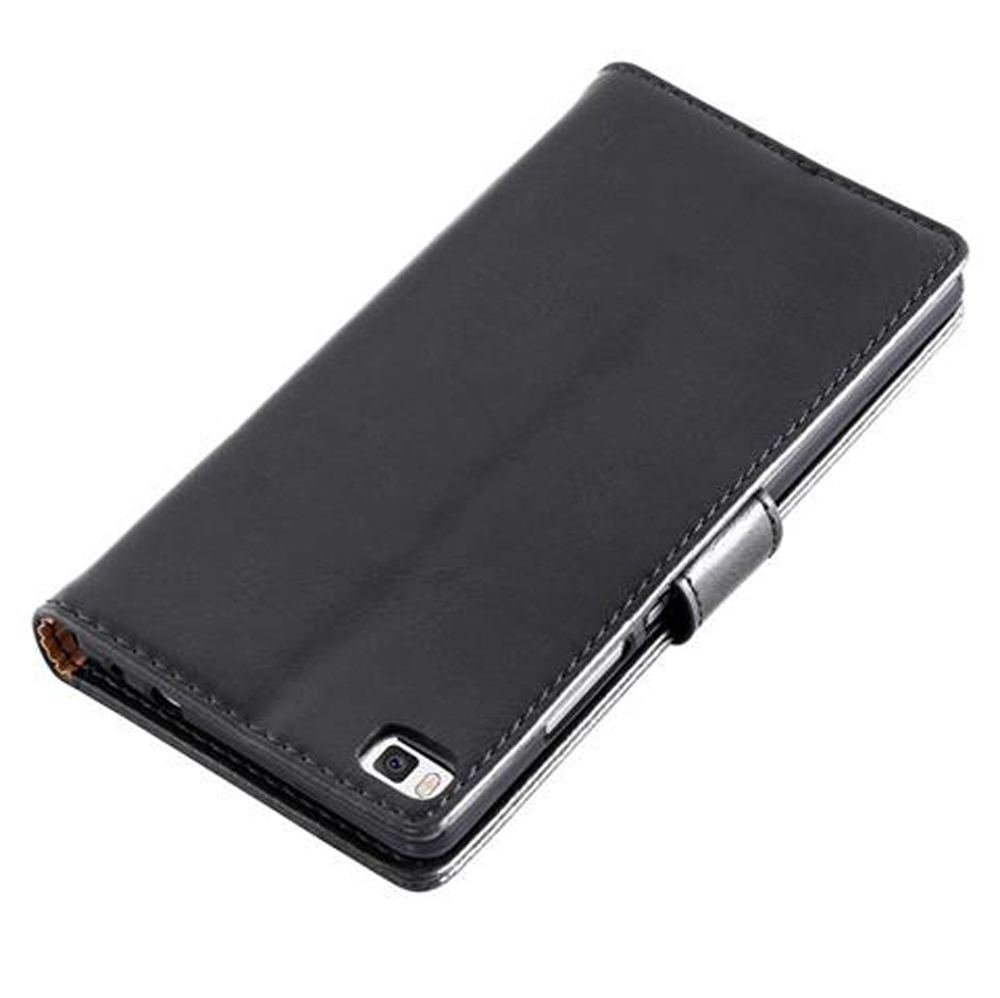 Schwarzes Leder-Flip-Case für ein Smartphone, mit Kameravorrichtung