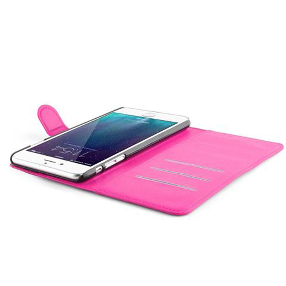 Ein pinkes Smartphone-Etui mit einem weißen Smartphone. Das Smartphone ist geöffnet.
