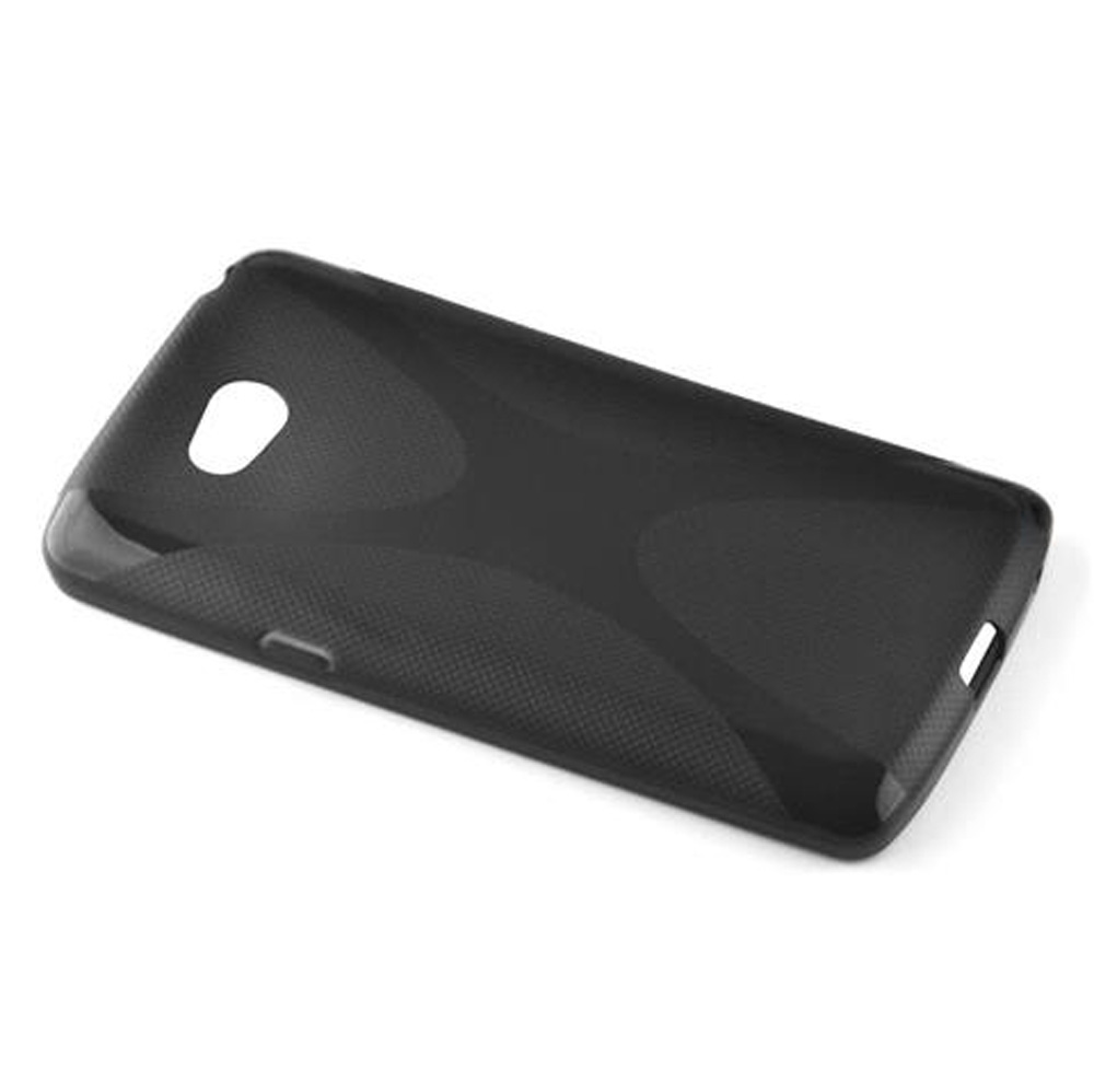 Custodia nera per telefono con ritagli per fotocamera e porte.