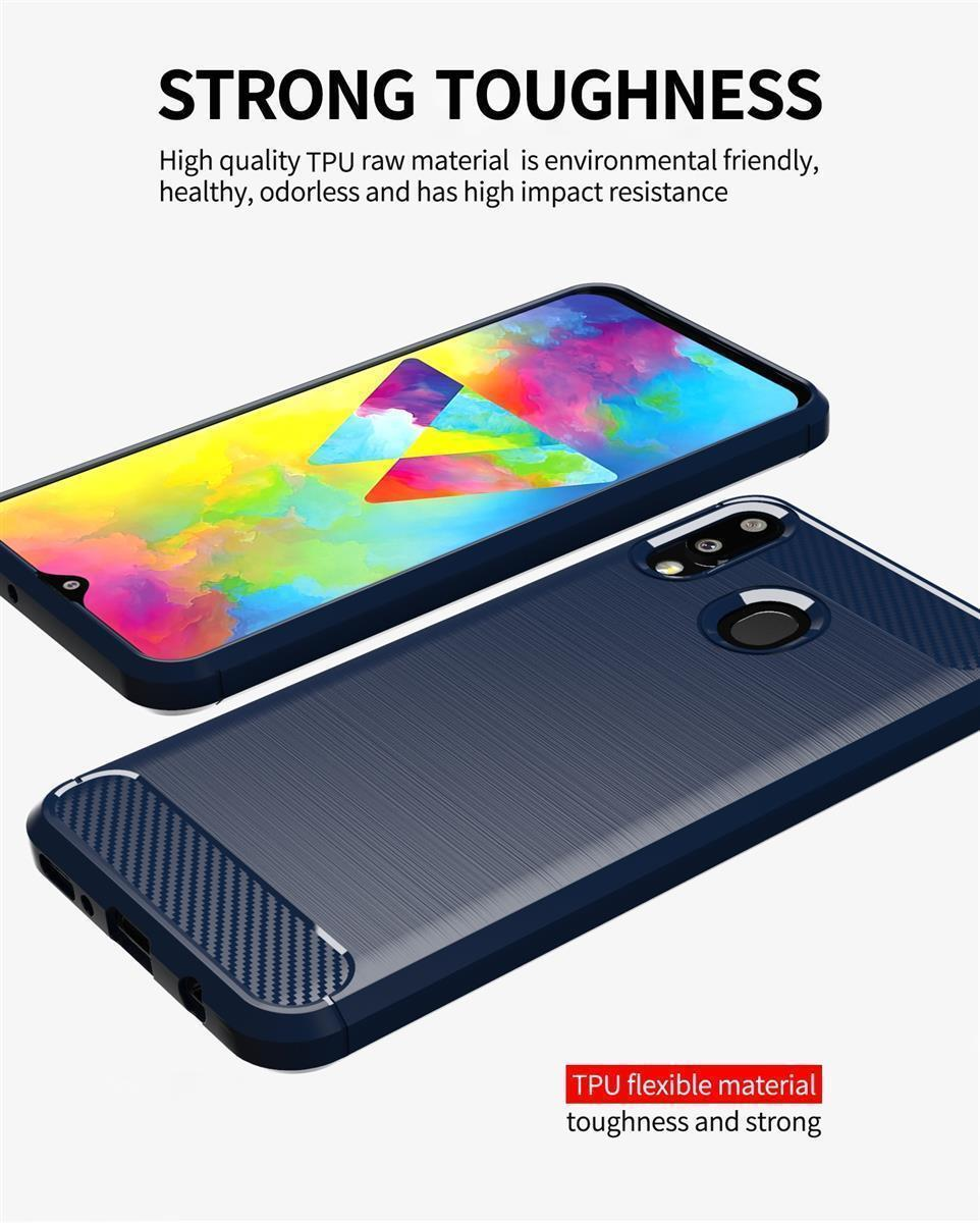 Ein dunkelblaues Handy mit farbiger Tapete und eine Handyhülle aus TPU.