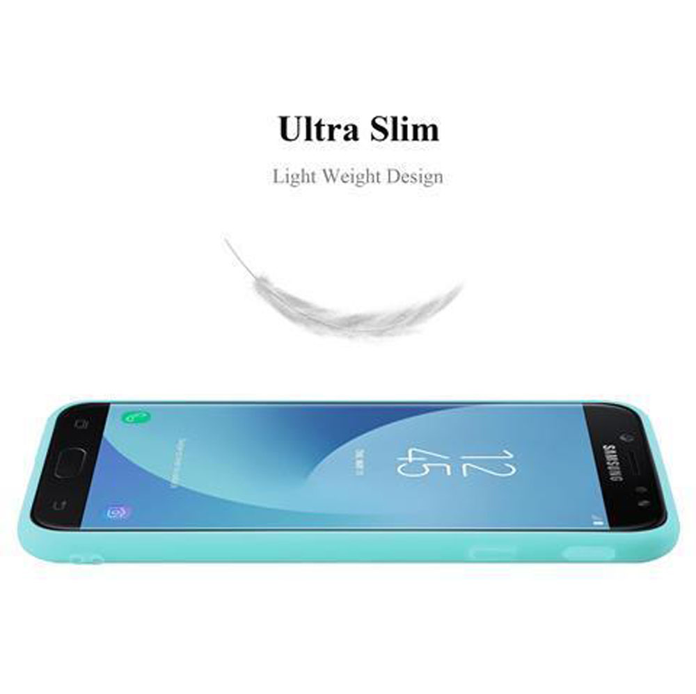 Türkisblaues Handy mit Display, das 12:45 anzeigt. Text: Ultra Slim.