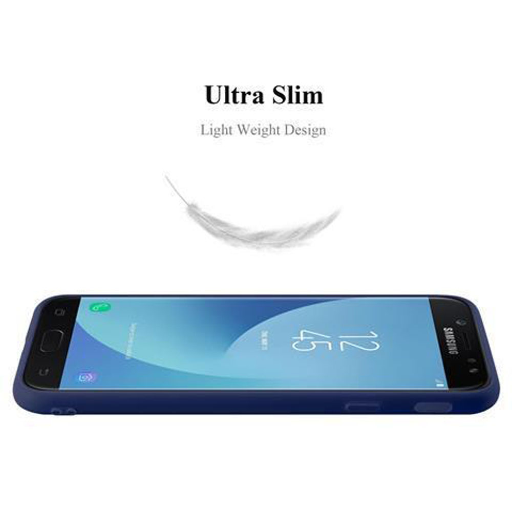 Una custodia blu scuro con uno smartphone. Testo: Ultra Slim, Light Weight Design.