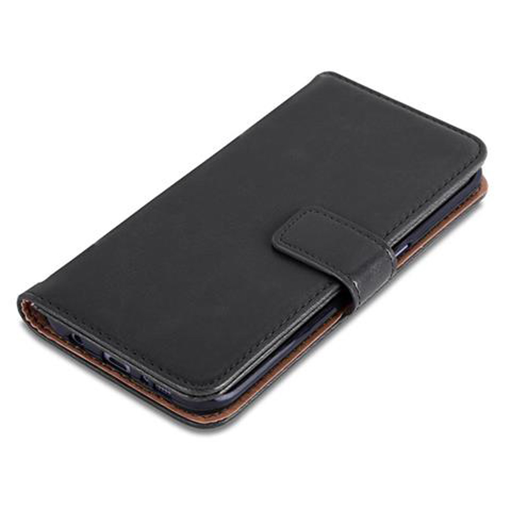 Funda negra tipo libro para móvil con borde marrón, sobre fondo blanco.