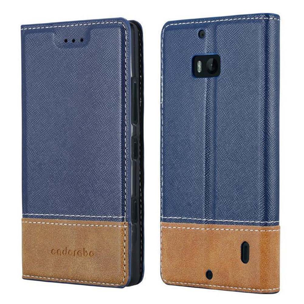 Custodia blu per telefono con dettaglio in pelle marrone, aperta e chiusa.