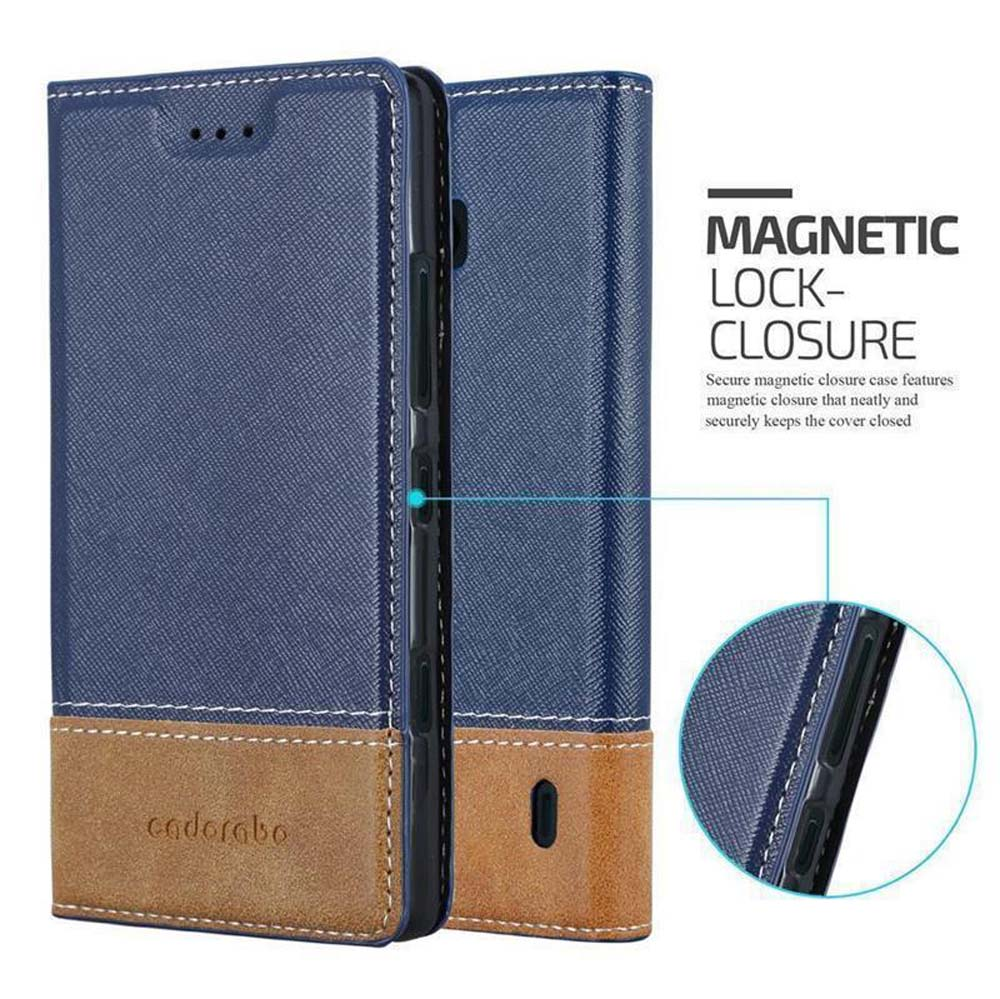 Custodia in pelle blu e marrone con chiusura magnetica, nome del marchio 'cadorobo'.