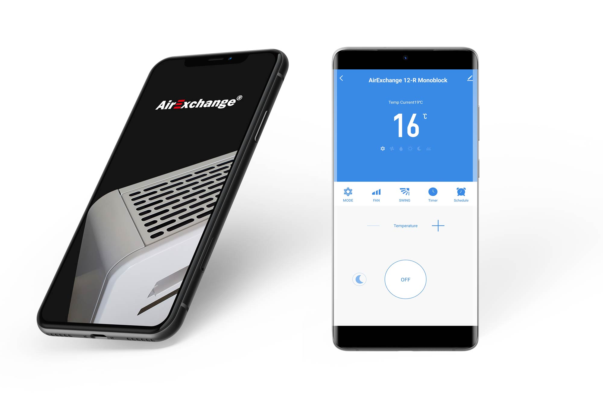 Twee smartphones naast elkaar. De linker telefoon toont het AirExchange-logo en een roosterpatroon.