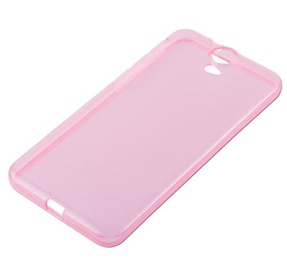 Una cover per telefono traslucida, rosa pastello, con ritagli per fotocamera e porte.