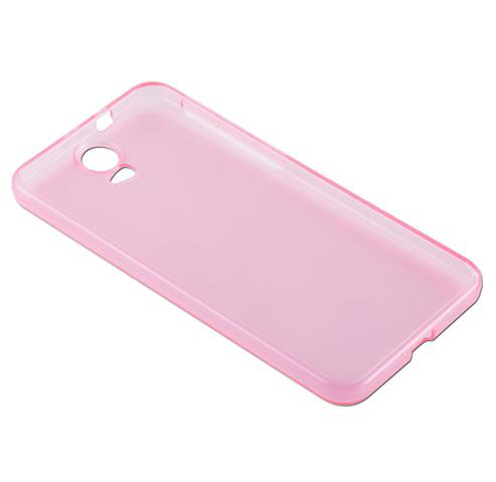 Una cover rosa traslucida con ritagli per fotocamera e pulsanti.